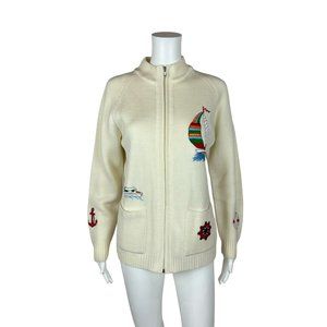 Vintage 80s Nautical Sweater Embroidered Sailboat Zip Up Cardigan